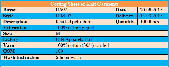 Costing Sheet for Knit Garments