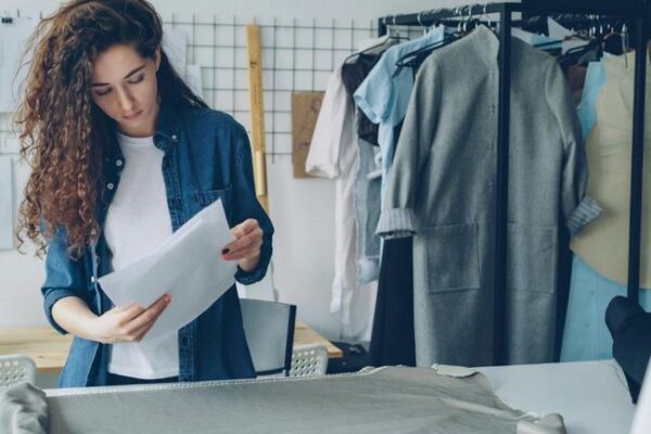 Fashion designer selecting garment trims